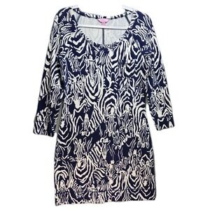 Lilly Pulitzer Hidden Zebra Knit Shirt Dress Womens M Stretch Pocket Black White